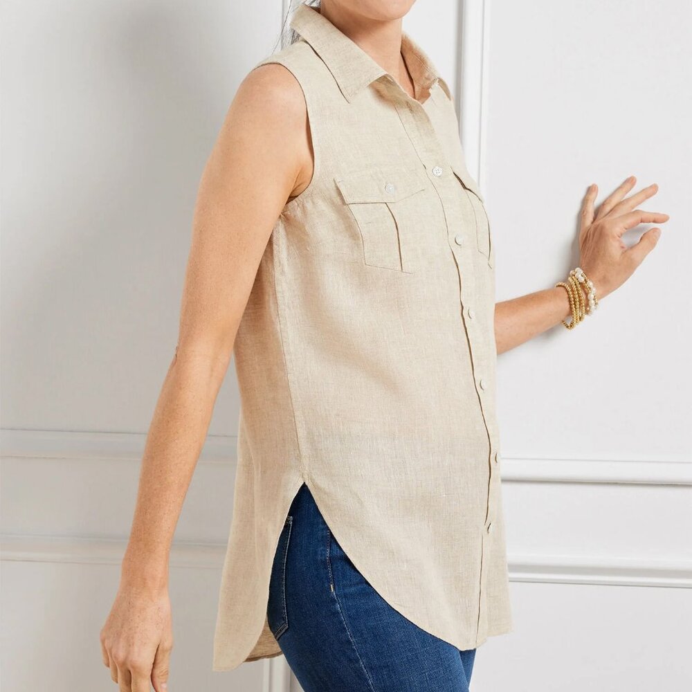 TALBOTS Sleeveless Linen Boyfriend Shirt - Oatmeal Flax Oatmeal size M NWT